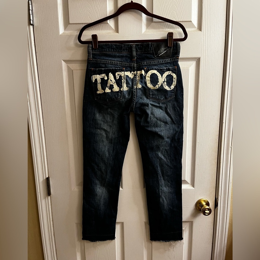 ULTRA RARE~ED HARDY~ TATTOO JEANS ~ SKINNY RAW HEM ~ MIXED MEDIA ~ DOVE~28